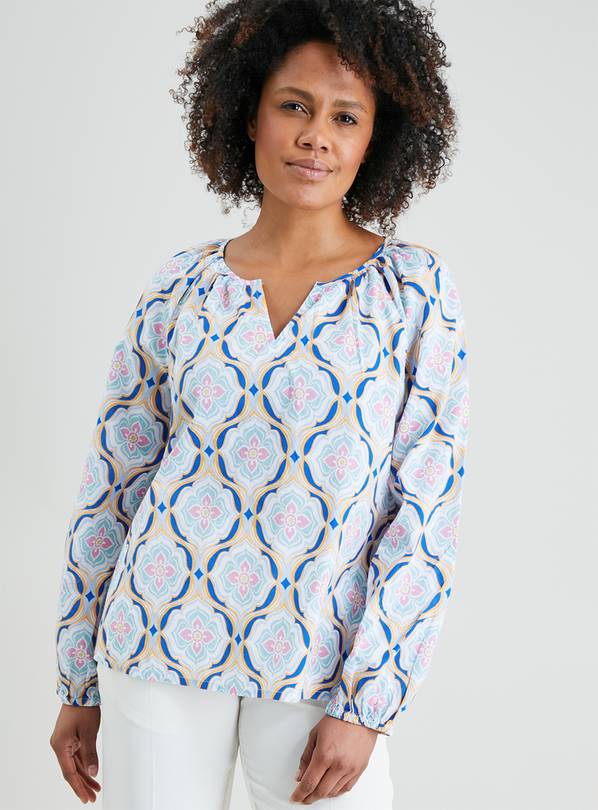 Blue Floral Tile Notch Neck Blouse - 10
